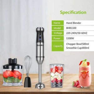4-in-1 Stainless Steel 1100W Immersion Hand Stick Blender 500ml Chopper Whisk 800ml Cup