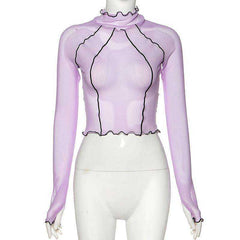 Women Turtleneck Long Sleeve Mesh Transparent Top Sexy Patchwork T Shirt