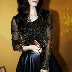Mesh Long Sleeve Transparent Shining Elegant Shirt Women Tops