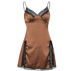 Women's Satin Lace Patchwork Backless V Neck  Mini Side Split Black Dress