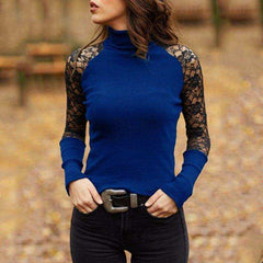 Spring and Autumn Women Knitted Lace Turtleneck Pullover Knitwear Femme Tops