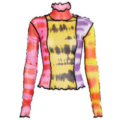 Women Turtleneck Long Sleeve Mesh Transparent Top Sexy Patchwork T Shirt