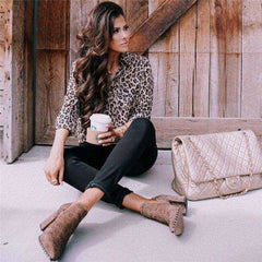 Long Sleeve Lady Button  Blouse Leopard Shirts Top