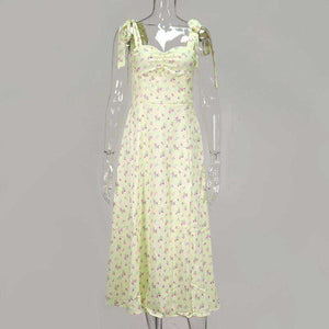 Yellow Print Summer Sleeveless Tie Up Bow Strap Elegant Midi Side Split Floral Dress