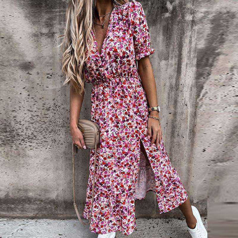Image of Summer Sexy Fashion Slim Button V Neck Elegant Gorgeous Floral Print A-Line Short Sleeve Slit Long Dress