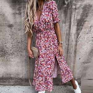 Summer Sexy Fashion Slim Button V Neck Elegant Gorgeous Floral Print A-Line Short Sleeve Slit Long Dress