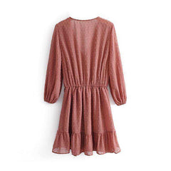 Women Three Quarter Sleeve Ruffles Lace Mini Chiffon Dress