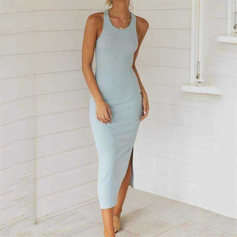 Knitted Bodycon Split Sleeveless O Neck Solid Long Dress