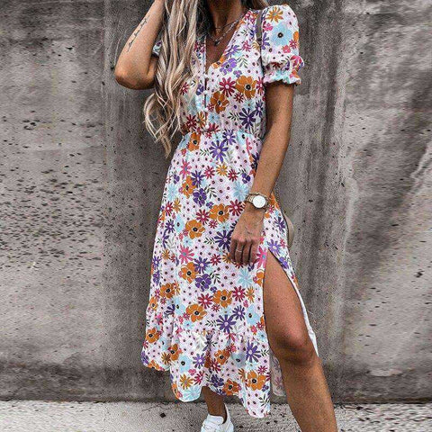 Image of Summer Sexy Fashion Slim Button V Neck Elegant Gorgeous Floral Print A-Line Short Sleeve Slit Long Dress