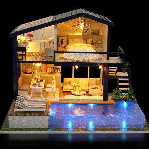 Image of Unique Wooden Dollhouse With Furnitures For Children