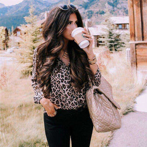 Long Sleeve Lady Button  Blouse Leopard Shirts Top