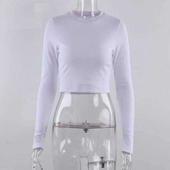 O Neck Ribbed Long Sleeve Tees Shirt Sexy Cropped Women