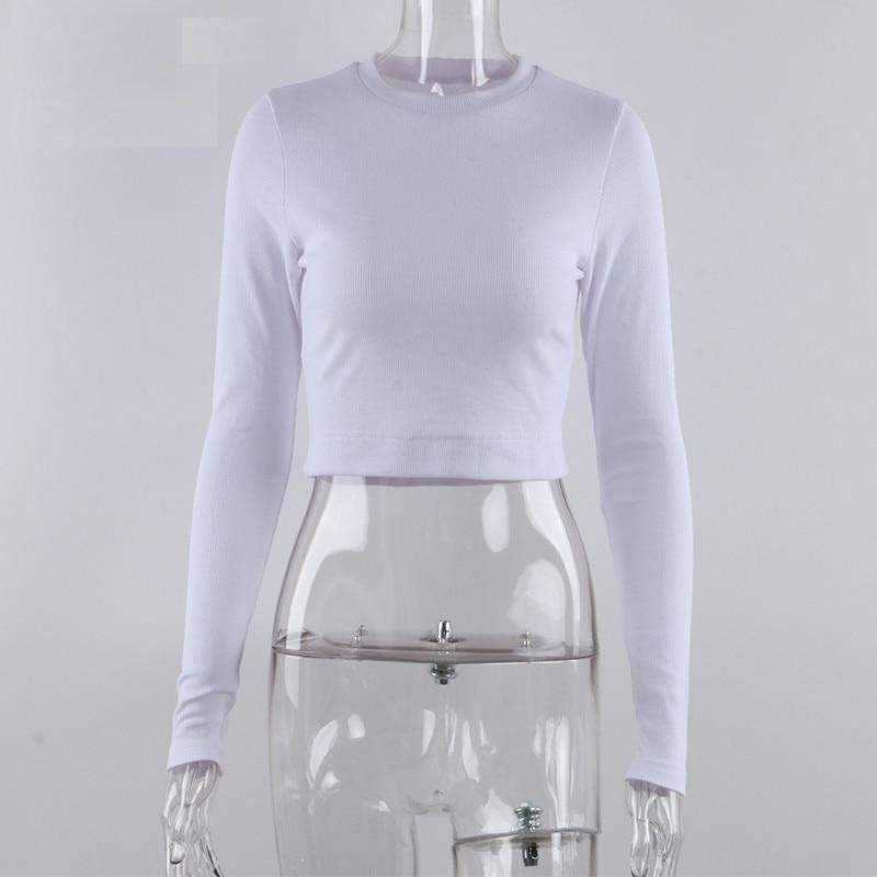 O Neck Ribbed Long Sleeve Tees Shirt Sexy Cropped Women