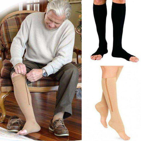 Image of Zip Circulation Pressure Leg Knee Support  Open Toe Sports Sock