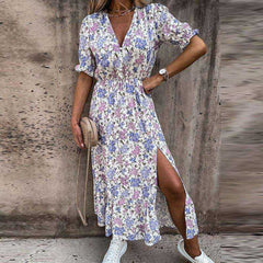 Summer Sexy Fashion Slim Button V Neck Elegant Gorgeous Floral Print A-Line Short Sleeve Slit Long Dress