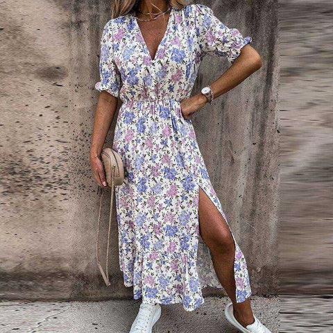 Image of Summer Sexy Fashion Slim Button V Neck Elegant Gorgeous Floral Print A-Line Short Sleeve Slit Long Dress