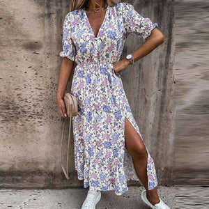 Summer Sexy Fashion Slim Button V Neck Elegant Gorgeous Floral Print A-Line Short Sleeve Slit Long Dress