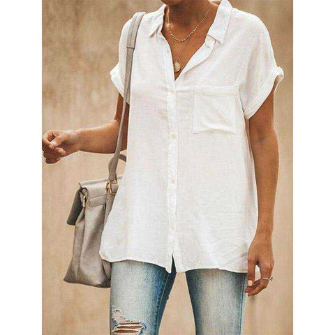 Image of Summer Turn-Down Collar Short Sleeve Loose White Blouse