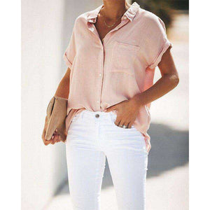 Summer Turn-Down Collar Short Sleeve Loose White Blouse