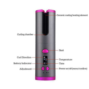 Black-Pink Cordless Auto Rotating Ceramic Hair Curler USB Rechargeable