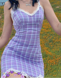 Lace Purple Plaid Strap Soft Cotton Mini Bodycon Dress Women