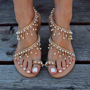 Women Vintage Pearl Boho Flat Sandals String Bead