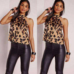 Women Sexy Leopard Print Shirts Halter Sleeveless Tops