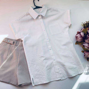 Summer Turn-Down Collar Short Sleeve Loose White Blouse