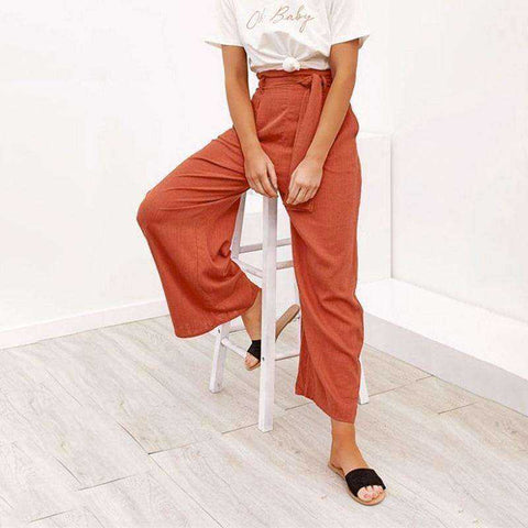 Image of Casual cotton Wide leg sashes loose female long pants