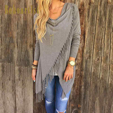 Image of Casual Loose Long Sleeve Knitted Tassel Cloak Cardigan Sweater