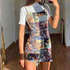 Goth Angel Print Sleeveless Bodycon Bandage Punk Sexy High  Waist Mini Dress