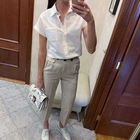 Image of Summer Turn-Down Collar Short Sleeve Loose White Blouse