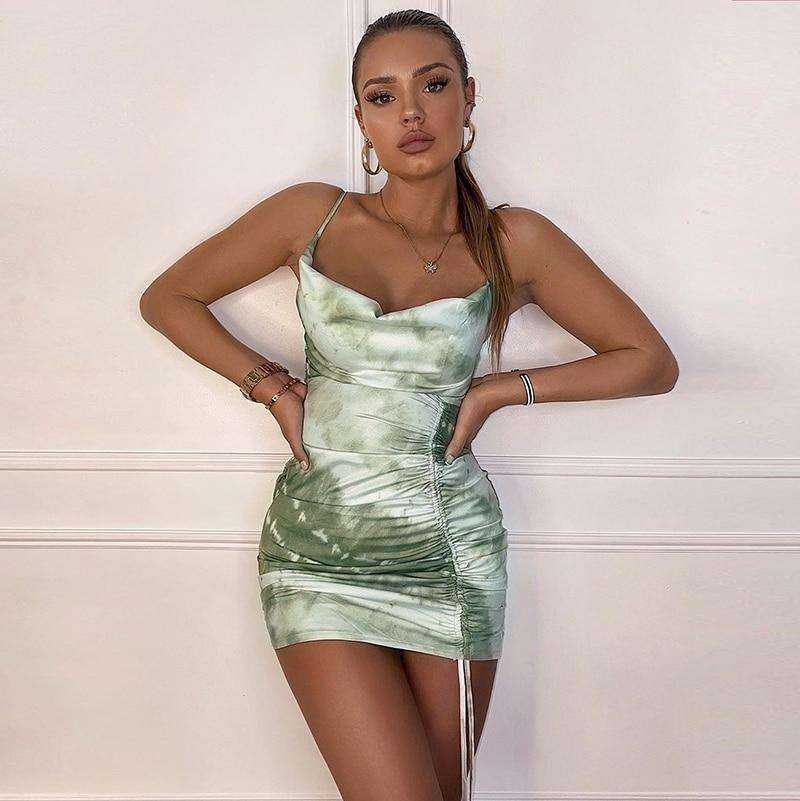Sleeveless Ruched Bandage Tie Dye Print Sexy Mini Dress