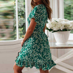 Sexy V Neck Floral Print Boho Beach Dress Ruffle Short Sleeve Sundress
