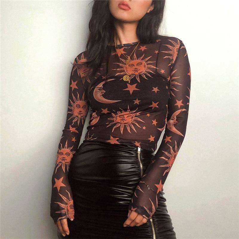 Women O-Neck Long Sleeve Sun Moon Printed Transparent Mesh Sexy T-Shirt