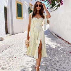 Yellow Print Summer Sleeveless Tie Up Bow Strap Elegant Midi Side Split Floral Dress