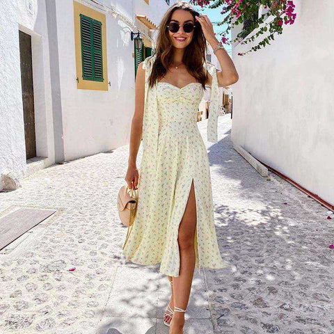 Image of Yellow Print Summer Sleeveless Tie Up Bow Strap Elegant Midi Side Split Floral Dress