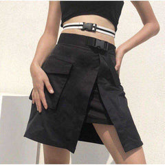 High Waist Belt Cargo Pocket Sexy Split Open Skirt
