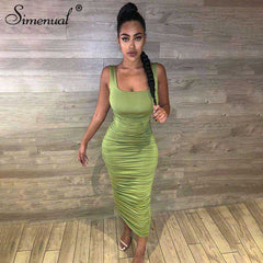 Women Fashion Ruched Sleeveless Skinny Hot Midi Dress