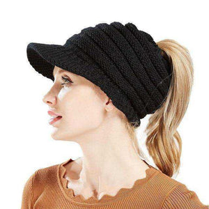 Ponytail Warm Knitted Beanie With Visor