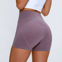 High Waisted Smooth Anti-sweat Plain Athletic Yoga Shorts with Two Side Pocket