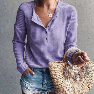 Women Fashion V-neck Solid Color Knitted Long Sleeve T-shirt Fall Clothes