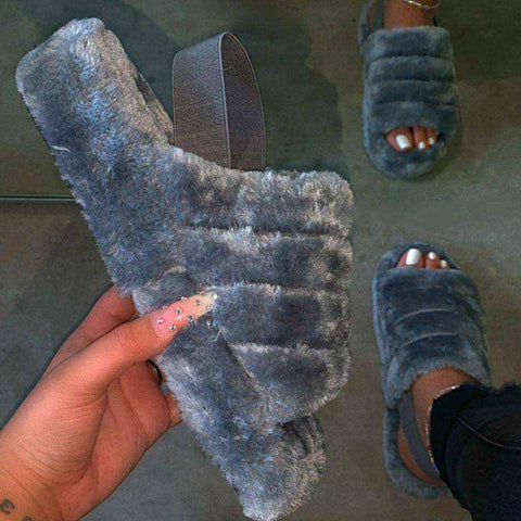 Image of New Women's Indoor Fur Slides Bottom Anti Slip Furry Slippers