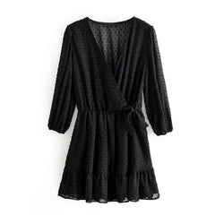 Women Three Quarter Sleeve Ruffles Lace Mini Chiffon Dress