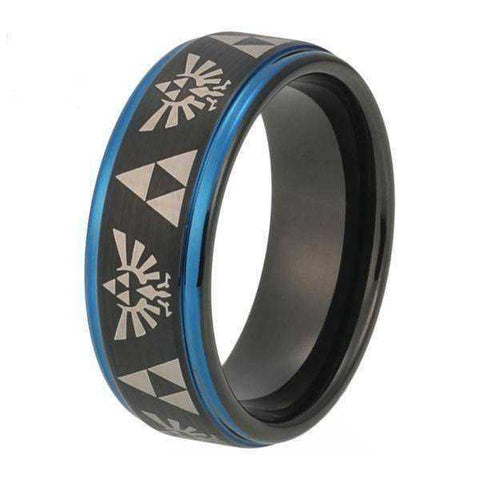 Image of Black & Blue Legend of Zelda Triforce Tungsten Ring