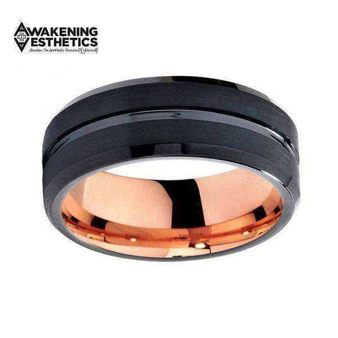 Jewelry - Black Brushed Center Cut & Rose Gold Tungsten Ring