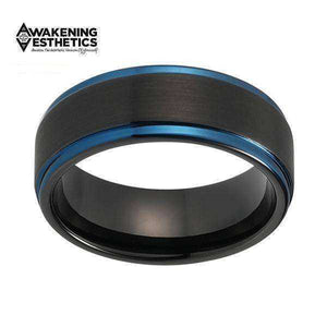Jewelry - Black Matte Brushed Blue Plated Finish Tungsten Ring