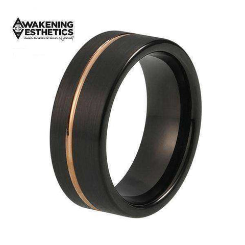 Image of Jewelry - Black Offset Line Rose Gold Flat Tungsten Ring