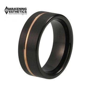 Jewelry - Black Offset Line Rose Gold Flat Tungsten Ring