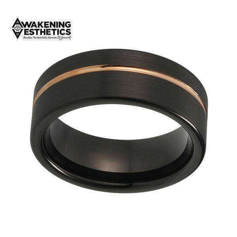 Image of Jewelry - Black Offset Line Rose Gold Flat Tungsten Ring